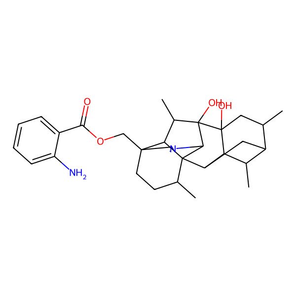 2D Structure of [(1R,2R,3S,4S,5R,6S,8R,9R,10S,13S,16S,17S,18S)-8,9-dihydroxy-4,6,16,18-tetramethyl-11-azahexacyclo[7.7.2.12,5.01,10.03,8.013,17]nonadec-11-en-13-yl]methyl 2-aminobenzoate