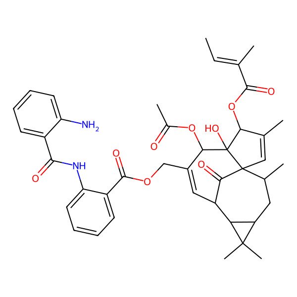 2D Structure of [(1S,4S,5R,6R,9S,10R,12R,14R)-6-acetyloxy-5-hydroxy-3,11,11,14-tetramethyl-4-[(E)-2-methylbut-2-enoyl]oxy-15-oxo-7-tetracyclo[7.5.1.01,5.010,12]pentadeca-2,7-dienyl]methyl 2-[(2-aminobenzoyl)amino]benzoate
