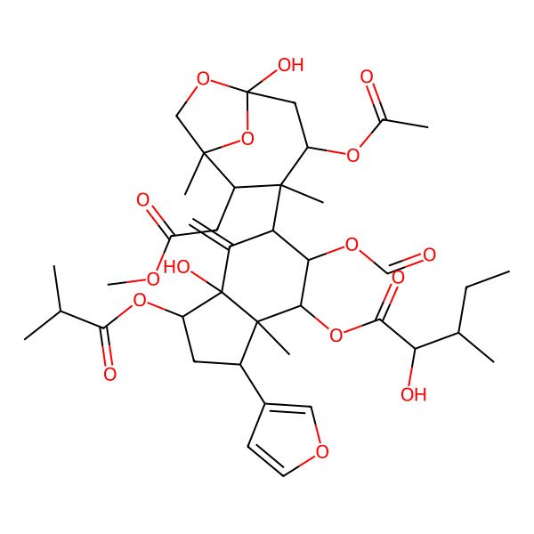 2D Structure of [(1R,3S,3aR,4R,5R,6R,7aS)-6-[(1S,2R,3R,4S,6S)-4-acetyloxy-6-hydroxy-2-(2-methoxy-2-oxoethyl)-1,3-dimethyl-7,9-dioxabicyclo[4.2.1]nonan-3-yl]-5-formyloxy-3-(furan-3-yl)-7a-hydroxy-3a-methyl-7-methylidene-1-(2-methylpropanoyloxy)-1,2,3,4,5,6-hexahydroinden-4-yl] (2R,3R)-2-hydroxy-3-methylpentanoate