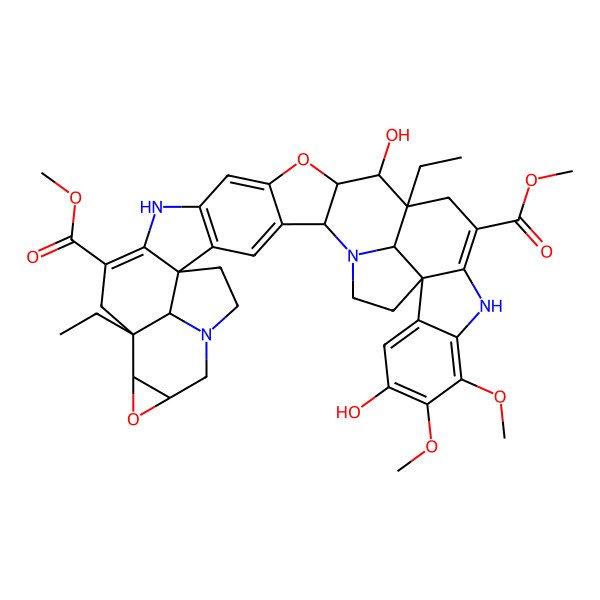 2D Structure of dimethyl (2R,6R,11R,13S,23S,24S,25S,36R,39R,40R)-14,25-diethyl-24,33-dihydroxy-31,32-dimethoxy-12,22-dioxa-1,9,18,29-tetrazadodecacyclo[23.13.1.16,9.02,23.03,21.05,19.06,17.011,13.028,36.030,35.036,39.014,40]tetraconta-3,5(19),16,20,27,30,32,34-octaene-16,27-dicarboxylate