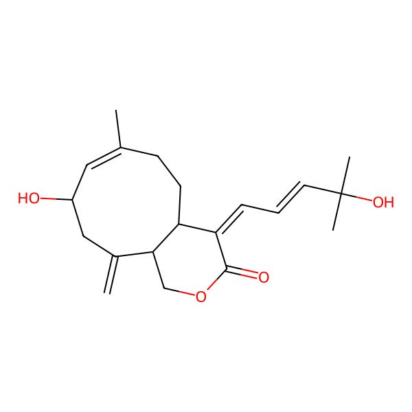2D Structure of 9-hydroxy-4-(4-hydroxy-4-methylpent-2-enylidene)-7-methyl-11-methylidene-4a,5,6,9,10,11a-hexahydro-1H-cyclonona[c]pyran-3-one
