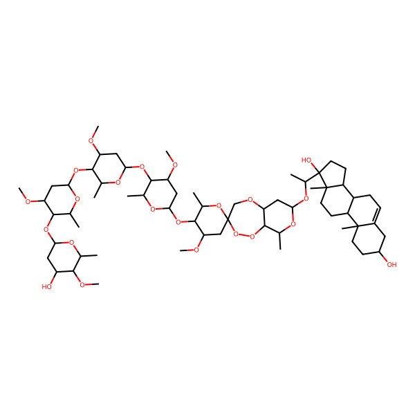 2D Structure of 17-[1-[5'-[5-[5-[5-(4-Hydroxy-5-methoxy-6-methyloxan-2-yl)oxy-4-methoxy-6-methyloxan-2-yl]oxy-4-methoxy-6-methyloxan-2-yl]oxy-4-methoxy-6-methyloxan-2-yl]oxy-4'-methoxy-6',9-dimethylspiro[4,5a,6,7,9,9a-hexahydropyrano[3,4-c][1,2,5]trioxepine-3,2'-oxane]-7-yl]oxyethyl]-10,13-dimethyl-1,2,3,4,7,8,9,11,12,14,15,16-dodecahydrocyclopenta[a]phenanthrene-3,17-diol