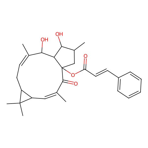 2D Structure of [(1R,3E,5R,7S,9Z,11R,12R,13S,14S)-11,13-dihydroxy-3,6,6,10,14-pentamethyl-2-oxo-1-tricyclo[10.3.0.05,7]pentadeca-3,9-dienyl] (E)-3-phenylprop-2-enoate