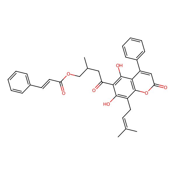 2D Structure of [(2S)-4-[5,7-dihydroxy-8-(3-methylbut-2-enyl)-2-oxo-4-phenylchromen-6-yl]-2-methyl-4-oxobutyl] (E)-3-phenylprop-2-enoate