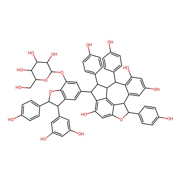 2D Structure of (1R,2R,3R,9S,10S,17S)-3-[(2R,3S)-3-(3,5-dihydroxyphenyl)-2-(4-hydroxyphenyl)-7-[(2S,3R,4S,5S,6R)-3,4,5-trihydroxy-6-(hydroxymethyl)oxan-2-yl]oxy-2,3-dihydro-1-benzofuran-5-yl]-2,9,17-tris(4-hydroxyphenyl)-8-oxapentacyclo[8.7.2.04,18.07,19.011,16]nonadeca-4(18),5,7(19),11(16),12,14-hexaene-5,13,15-triol