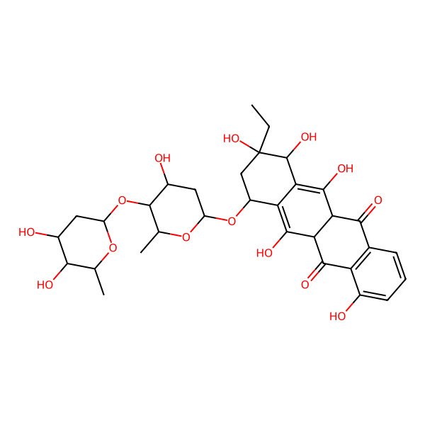 2D Structure of (9R)-7-[5-(4,5-dihydroxy-6-methyloxan-2-yl)oxy-4-hydroxy-6-methyloxan-2-yl]oxy-9-ethyl-4,6,9,10,11-pentahydroxy-7,8,10,11a-tetrahydro-5aH-tetracene-5,12-dione