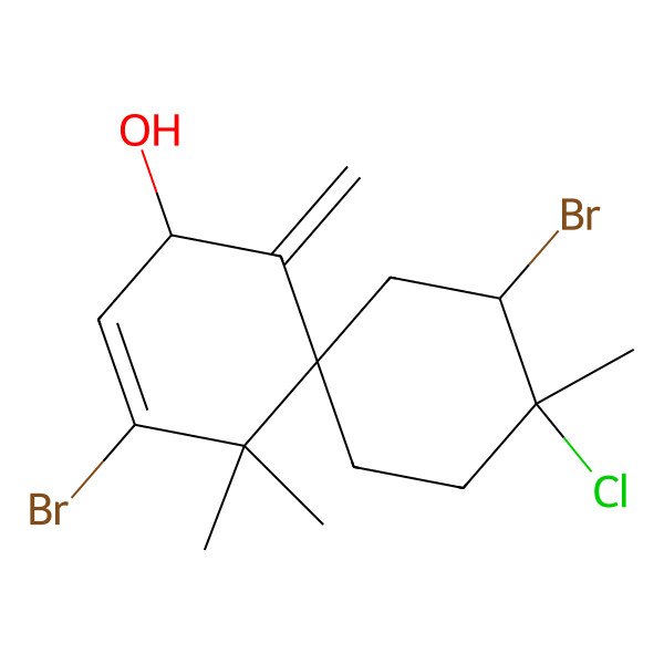 2D Structure of 4,10-Dibromo-9-chloro-5,5,9-trimethyl-1-methylidenespiro[5.5]undec-3-en-2-ol