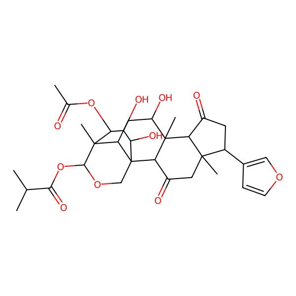 2D Structure of [(1S,2S,5S,6R,9R,10S,11R,13R,14R,15R,18S,19R,20R)-20-acetyloxy-6-(furan-3-yl)-11,18,19-trihydroxy-5,10,14-trimethyl-3,8-dioxo-16-oxapentacyclo[12.3.3.01,13.02,10.05,9]icosan-15-yl] 2-methylpropanoate