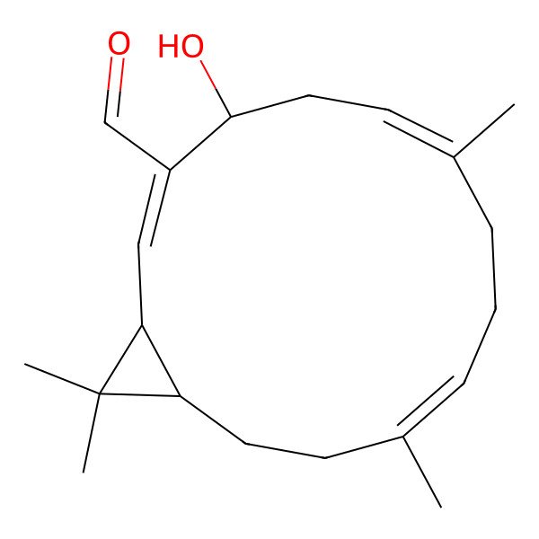2D Structure of (1R,2E,4S,6E,10E,14R)-4-hydroxy-7,11,15,15-tetramethylbicyclo[12.1.0]pentadeca-2,6,10-triene-3-carbaldehyde
