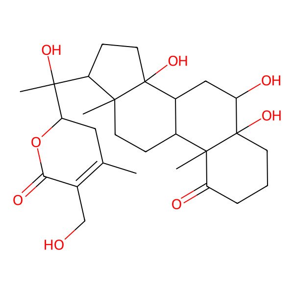 2D Structure of (2R)-5-(hydroxymethyl)-2-[(1R)-1-hydroxy-1-[(5R,6R,8R,9R,10R,13R,14R,17S)-5,6,14-trihydroxy-10,13-dimethyl-1-oxo-2,3,4,6,7,8,9,11,12,15,16,17-dodecahydrocyclopenta[a]phenanthren-17-yl]ethyl]-4-methyl-2,3-dihydropyran-6-one