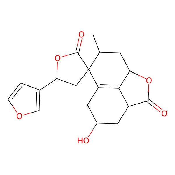 2D Structure of 5'-(Furan-3-yl)-6-hydroxy-10-methylspiro[2-oxatricyclo[6.3.1.04,12]dodec-8(12)-ene-9,3'-oxolane]-2',3-dione
