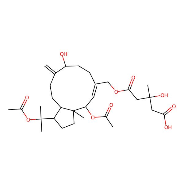 2D Structure of (3S)-5-[[(1R,3aS,4R,5Z,9R,12aS)-4-acetyloxy-1-(2-acetyloxypropan-2-yl)-9-hydroxy-3a-methyl-10-methylidene-1,2,3,4,7,8,9,11,12,12a-decahydrocyclopenta[11]annulen-6-yl]methoxy]-3-hydroxy-3-methyl-5-oxopentanoic acid