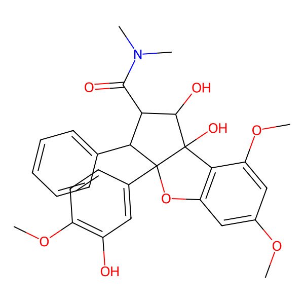 2D Structure of (1S,2S,3S,3aR,8bS)-1,8b-dihydroxy-3a-(3-hydroxy-4-methoxyphenyl)-6,8-dimethoxy-N,N-dimethyl-3-phenyl-2,3-dihydro-1H-cyclopenta[b][1]benzofuran-2-carboxamide