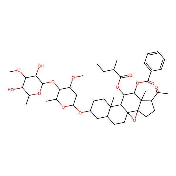 2D Structure of [(1S,3R,6R,7S,8S,9S,10S,11S,14S,16S)-6-acetyl-14-[(2R,4R,5R,6R)-5-[(2S,3R,4R,5R,6R)-3,5-dihydroxy-4-methoxy-6-methyloxan-2-yl]oxy-4-methoxy-6-methyloxan-2-yl]oxy-7,11-dimethyl-9-[(2S)-2-methylbutanoyl]oxy-2-oxapentacyclo[8.8.0.01,3.03,7.011,16]octadecan-8-yl] benzoate