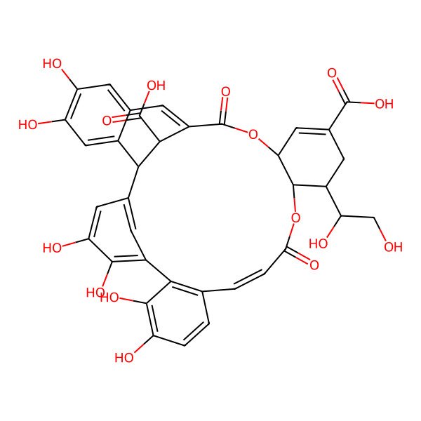 2D Structure of (13E,17R,18R,22R)-18-(1,2-dihydroxyethyl)-4,5,8,9,29,30-hexahydroxy-15,24-dioxo-16,23-dioxahexacyclo[23.7.1.12,6.07,12.017,22.027,32]tetratriaconta-2(34),3,5,7(12),8,10,13,20,25,27,29,31-dodecaene-20,33-dicarboxylic acid