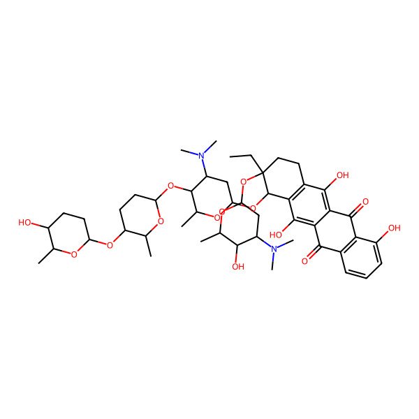 2D Structure of 9-[4-(dimethylamino)-5-hydroxy-6-methyloxan-2-yl]oxy-10-[4-(dimethylamino)-5-[5-(5-hydroxy-6-methyloxan-2-yl)oxy-6-methyloxan-2-yl]oxy-6-methyloxan-2-yl]oxy-9-ethyl-4,6,11-trihydroxy-8,10-dihydro-7H-tetracene-5,12-dione