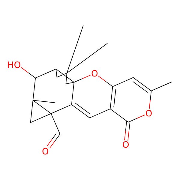 2D Structure of 14-Hydroxy-5,13,17,17-tetramethyl-7-oxo-2,6-dioxapentacyclo[8.8.0.01,15.03,8.011,13]octadeca-3(8),4,9-triene-11-carbaldehyde