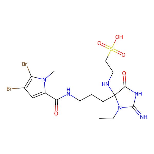 2D Structure of 2-[[(4R)-4-[3-[(4,5-dibromo-1-methylpyrrole-2-carbonyl)amino]propyl]-3-ethyl-2-imino-5-oxoimidazolidin-4-yl]amino]ethanesulfonic acid