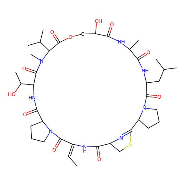 2D Structure of (2S,8R,11S,14S,18S,21S,24S,30E,33R)-30-ethylidene-14-hydroxy-21-[(1S)-1-hydroxyethyl]-11,19-dimethyl-8-(2-methylpropyl)-18-propan-2-yl-16-oxa-35-thia-6,9,12,19,22,28,31,36-octazatetracyclo[31.2.1.02,6.024,28]hexatriacont-1(36)-ene-7,10,13,17,20,23,29,32-octone
