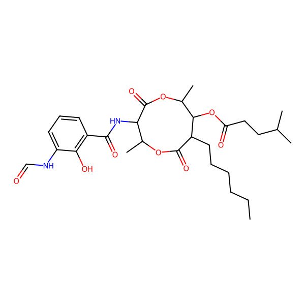 2D Structure of [3-[(3-Formamido-2-hydroxybenzoyl)amino]-8-hexyl-2,6-dimethyl-4,9-dioxo-1,5-dioxonan-7-yl] 4-methylpentanoate
