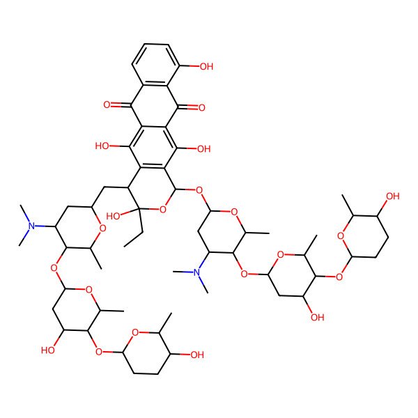 2D Structure of 4-[[4-(Dimethylamino)-5-[4-hydroxy-5-(5-hydroxy-6-methyloxan-2-yl)oxy-6-methyloxan-2-yl]oxy-6-methyloxan-2-yl]methyl]-1-[4-(dimethylamino)-5-[4-hydroxy-5-(5-hydroxy-6-methyloxan-2-yl)oxy-6-methyloxan-2-yl]oxy-6-methyloxan-2-yl]oxy-3-ethyl-3,5,10,12-tetrahydroxy-1,4-dihydronaphtho[2,3-g]isochromene-6,11-dione