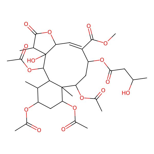 2D Structure of methyl (1S,2S,3S,4R,7S,8E,10R,12R,13R,14S,16R,17R)-2,12,14,16-tetraacetyloxy-3-hydroxy-10-[(3S)-3-hydroxybutanoyl]oxy-4,13,17-trimethyl-5-oxo-6-oxatricyclo[11.4.0.03,7]heptadec-8-ene-9-carboxylate