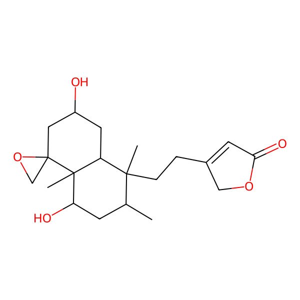 2D Structure of 3-[2-[(1S,2R,4S,4aS,5R,7R,8aR)-4,7-dihydroxy-1,2,4a-trimethylspiro[3,4,6,7,8,8a-hexahydro-2H-naphthalene-5,2'-oxirane]-1-yl]ethyl]-2H-furan-5-one
