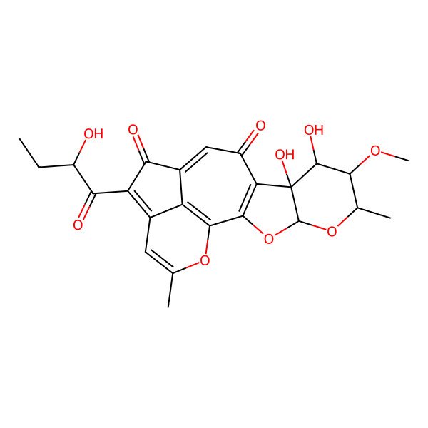 2D Structure of 8,9-Dihydroxy-15-(2-hydroxybutanoyl)-7-methoxy-6,18-dimethyl-3,5,19-trioxapentacyclo[11.6.1.02,10.04,9.016,20]icosa-1(20),2(10),12,15,17-pentaene-11,14-dione