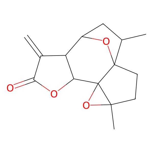 2D Structure of 4,14-Dimethyl-10-methylidene-5,8,15-trioxapentacyclo[10.2.1.01,6.04,6.07,11]pentadecan-9-one