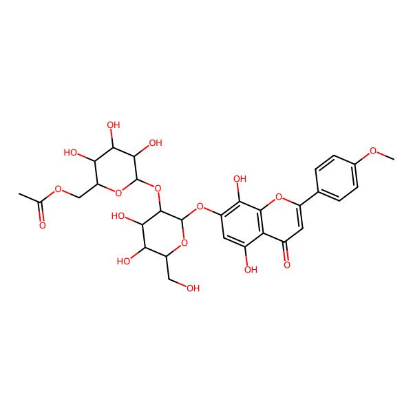2D Structure of [6-[2-[5,8-Dihydroxy-2-(4-methoxyphenyl)-4-oxochromen-7-yl]oxy-4,5-dihydroxy-6-(hydroxymethyl)oxan-3-yl]oxy-3,4,5-trihydroxyoxan-2-yl]methyl acetate