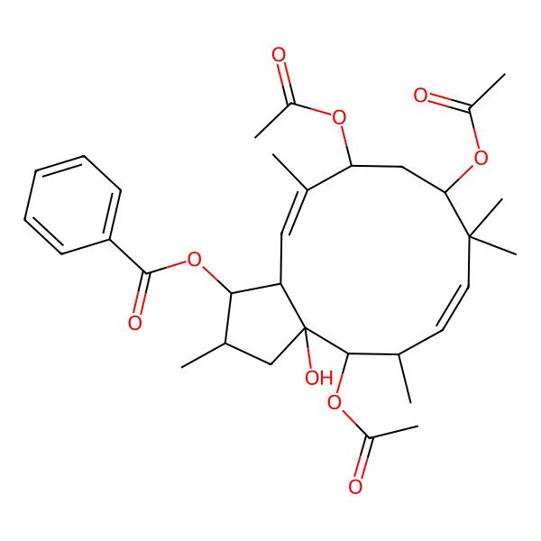 2D Structure of (4,9,11-triacetyloxy-3a-hydroxy-2,5,8,8,12-pentamethyl-2,3,4,5,9,10,11,13a-octahydro-1H-cyclopenta[12]annulen-1-yl) benzoate