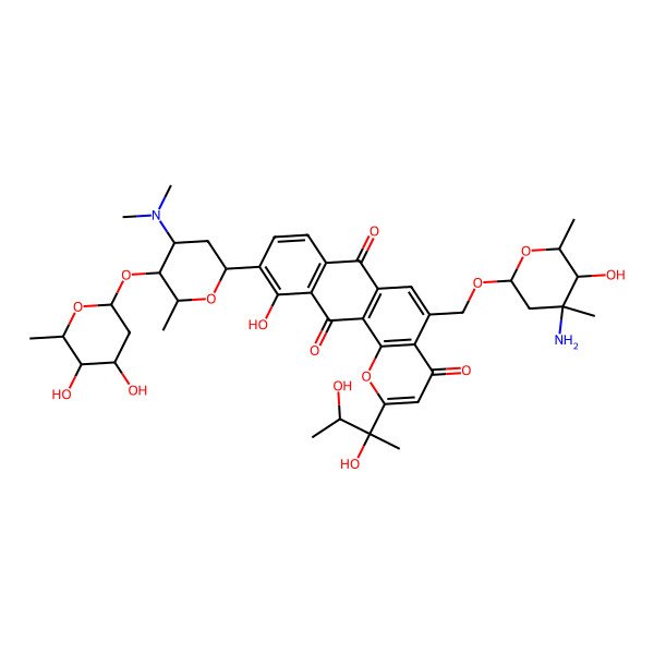 2D Structure of 5-[(4-Amino-5-hydroxy-4,6-dimethyloxan-2-yl)oxymethyl]-2-(2,3-dihydroxybutan-2-yl)-10-[5-(4,5-dihydroxy-6-methyloxan-2-yl)oxy-4-(dimethylamino)-6-methyloxan-2-yl]-11-hydroxynaphtho[2,3-h]chromene-4,7,12-trione