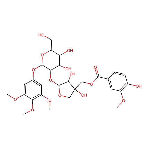 2D Structure of [(3S,4R,5S)-5-[(2S,3R,4S,5S,6R)-4,5-dihydroxy-6-(hydroxymethyl)-2-(3,4,5-trimethoxyphenoxy)oxan-3-yl]oxy-3,4-dihydroxyoxolan-3-yl]methyl 4-hydroxy-3-methoxybenzoate