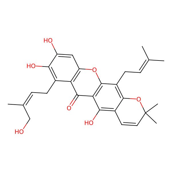 2D Structure of 5,8,9-trihydroxy-7-[(Z)-4-hydroxy-3-methylbut-2-enyl]-2,2-dimethyl-12-(3-methylbut-2-enyl)pyrano[3,2-b]xanthen-6-one