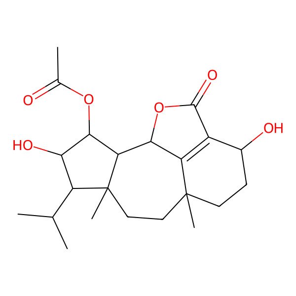 2D Structure of (4,12-Dihydroxy-6,9-dimethyl-14-oxo-5-propan-2-yl-15-oxatetracyclo[7.6.1.02,6.013,16]hexadec-13(16)-en-3-yl) acetate