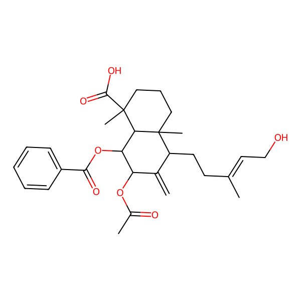 2D Structure of (1S,4aR,5S,7S,8S,8aR)-7-acetyloxy-8-benzoyloxy-5-[(E)-5-hydroxy-3-methylpent-3-enyl]-1,4a-dimethyl-6-methylidene-3,4,5,7,8,8a-hexahydro-2H-naphthalene-1-carboxylic acid