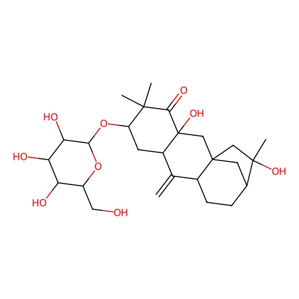 2D Structure of (1S,3S,6S,8R,10R,13R,14R)-3,14-dihydroxy-5,5,14-trimethyl-9-methylidene-6-[(2R,3R,4S,5S,6R)-3,4,5-trihydroxy-6-(hydroxymethyl)oxan-2-yl]oxytetracyclo[11.2.1.01,10.03,8]hexadecan-4-one