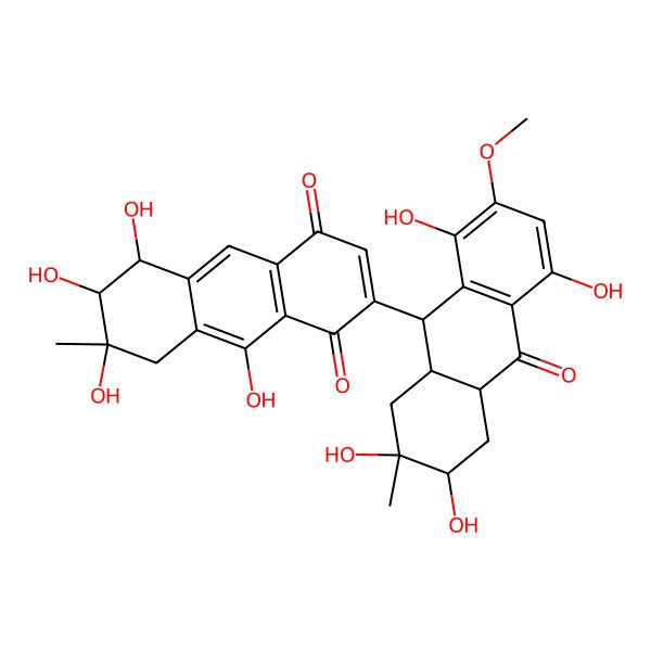 2D Structure of 5,6,7,9-tetrahydroxy-7-methyl-2-(2,3,5,8-tetrahydroxy-7-methoxy-2-methyl-10-oxo-1,3,4,4a,9,9a-hexahydroanthracen-9-yl)-6,8-dihydro-5H-anthracene-1,4-dione