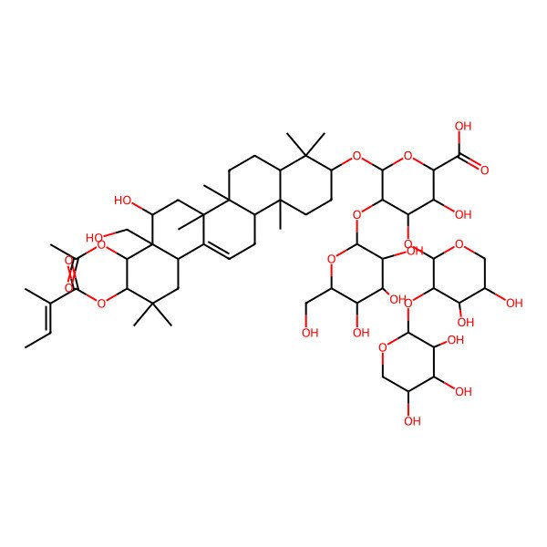 2D Structure of 6-[[9-Acetyloxy-8-hydroxy-8a-(hydroxymethyl)-4,4,6a,6b,11,11,14b-heptamethyl-10-(2-methylbut-2-enoyloxy)-1,2,3,4a,5,6,7,8,9,10,12,12a,14,14a-tetradecahydropicen-3-yl]oxy]-4-[4,5-dihydroxy-3-(3,4,5-trihydroxyoxan-2-yl)oxyoxan-2-yl]oxy-3-hydroxy-5-[3,4,5-trihydroxy-6-(hydroxymethyl)oxan-2-yl]oxyoxane-2-carboxylic acid