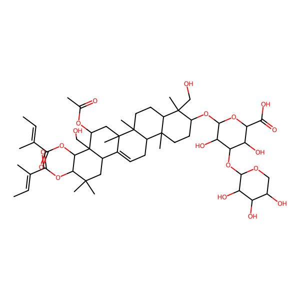 2D Structure of (2S,3S,4S,5R,6R)-6-[[(3S,4R,4aR,6aR,6bS,8R,8aR,9R,10R,12aS,14aR,14bR)-8-acetyloxy-4,8a-bis(hydroxymethyl)-4,6a,6b,11,11,14b-hexamethyl-10-(2-methylbut-2-enoyloxy)-9-[(Z)-2-methylbut-2-enoyl]oxy-1,2,3,4a,5,6,7,8,9,10,12,12a,14,14a-tetradecahydropicen-3-yl]oxy]-3,5-dihydroxy-4-[(2S,3R,4S,5S)-3,4,5-trihydroxyoxan-2-yl]oxyoxane-2-carboxylic acid