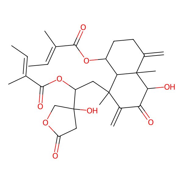 2D Structure of [(1S,4aS,5S,8S,8aS)-5-hydroxy-8-[(2S)-2-[(3S)-3-hydroxy-5-oxooxolan-3-yl]-2-[(E)-2-methylbut-2-enoyl]oxyethyl]-4a,8-dimethyl-4,7-dimethylidene-6-oxo-2,3,5,8a-tetrahydro-1H-naphthalen-1-yl] (E)-2-methylbut-2-enoate