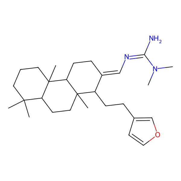 2D Structure of 2-[[(1S,4aR,4bS,8aS,10aS)-1-[2-(furan-3-yl)ethyl]-4b,8,8,10a-tetramethyl-1,3,4,4a,5,6,7,8a,9,10-decahydrophenanthren-2-ylidene]methyl]-1,1-dimethylguanidine