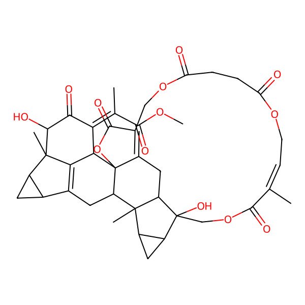 2D Structure of methyl (2E)-2-[(1S,13E,18S,19S,21R,22S,23S,26S,28R,29S,30R,33R,36R)-18,30-dihydroxy-14,22,29-trimethyl-3,7,10,15,31-pentaoxo-2,6,11,16-tetraoxanonacyclo[16.15.3.125,29.01,23.04,34.019,21.022,36.026,28.033,37]heptatriaconta-4(34),13,25(37)-trien-32-ylidene]propanoate