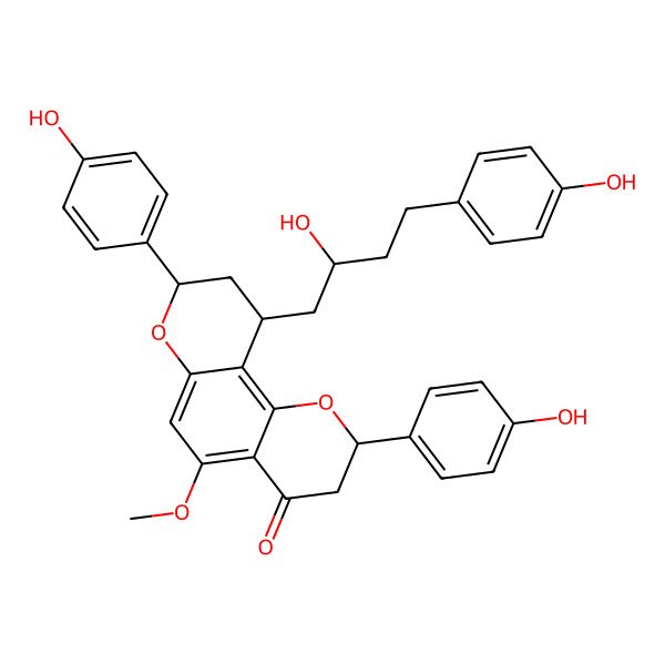 2D Structure of 10-[2-hydroxy-4-(4-hydroxyphenyl)butyl]-2,8-bis(4-hydroxyphenyl)-5-methoxy-3,8,9,10-tetrahydro-2H-pyrano[2,3-h]chromen-4-one
