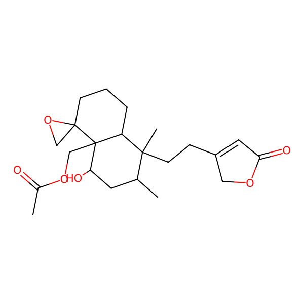 2D Structure of 4-[2-[(1R)-8aalpha-Acetoxymethyl-3,4,4abeta,5,6,7,8,8a-octahydro-8alpha-hydroxy-5alpha,6alpha-dimethylspiro[naphthalene-1(2H),2'-oxiran]-5-yl]ethyl]furan-2(5H)-one
