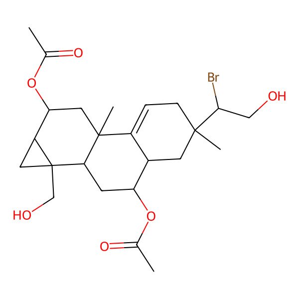 2D Structure of [9-Acetyloxy-5-(1-bromo-2-hydroxyethyl)-1a-(hydroxymethyl)-5,7b-dimethyl-1,1b,2,3,3a,4,6,8,9,9a-decahydrocyclopropa[a]phenanthren-3-yl] acetate