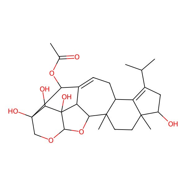 2D Structure of (8,18,19,20-Tetrahydroxy-9,12-dimethyl-6-propan-2-yl-14,16-dioxahexacyclo[16.3.1.04,12.05,9.013,21.015,20]docosa-1,5-dien-22-yl) acetate