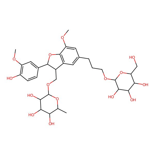 2D Structure of (2R,3R,4R,5R,6S)-2-[[(2S,3R)-2-(4-hydroxy-3-methoxyphenyl)-7-methoxy-5-[3-[(2R,3R,4S,5S,6R)-3,4,5-trihydroxy-6-(hydroxymethyl)oxan-2-yl]oxypropyl]-2,3-dihydro-1-benzofuran-3-yl]methoxy]-6-methyloxane-3,4,5-triol
