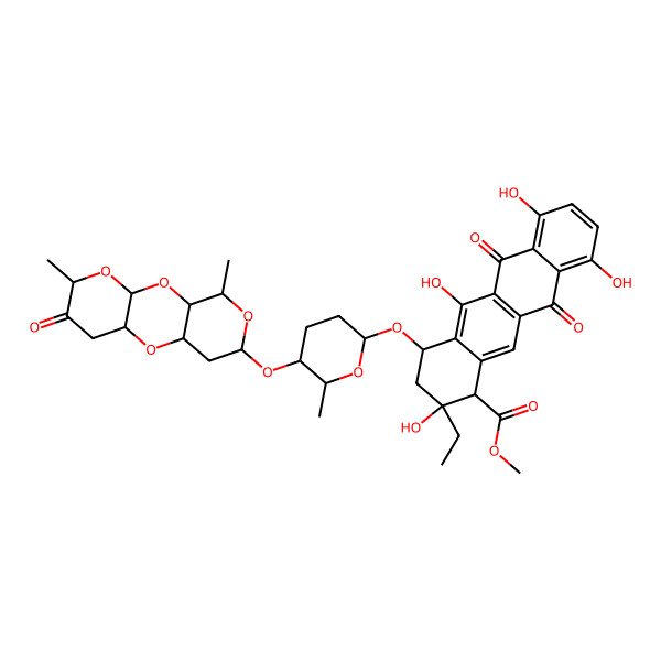 2D Structure of methyl (1R,2R,4S)-4-[5-[(5,14-dimethyl-6-oxo-2,4,9,13-tetraoxatricyclo[8.4.0.03,8]tetradecan-12-yl)oxy]-6-methyloxan-2-yl]oxy-2-ethyl-2,5,7,10-tetrahydroxy-6,11-dioxo-3,4-dihydro-1H-tetracene-1-carboxylate