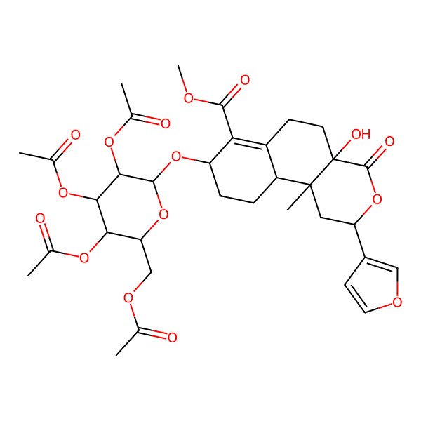 2D Structure of methyl (2S,4aR,8R,10aR,10bS)-2-(furan-3-yl)-4a-hydroxy-10b-methyl-4-oxo-8-[(2R,3R,4S,5R,6R)-3,4,5-triacetyloxy-6-(acetyloxymethyl)oxan-2-yl]oxy-1,2,5,6,8,9,10,10a-octahydrobenzo[f]isochromene-7-carboxylate